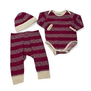 PACT Girl 3 Organic Cotton Outfit Set Bodysuit Pants Hat Burgandy Floral 3-6 M